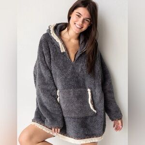 Natural Life Oversize Blanket Dark Gray Teddy Sherpa Hoodie Pullover One Size